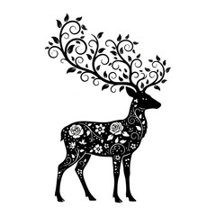 Black deer silhouette adorned with floral vine antlers and body patterns white