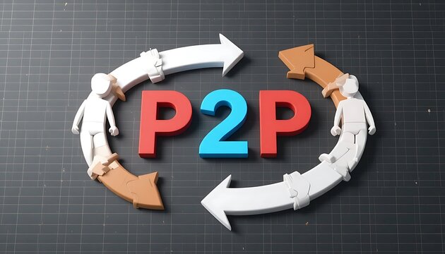3D P2P Text with Circular Arrows and Human Figures on a Dark Grid Background; Illustrating Peer-to-Peer Networking, Direct Financial Transactions, and Decentralized Sharing Systems.