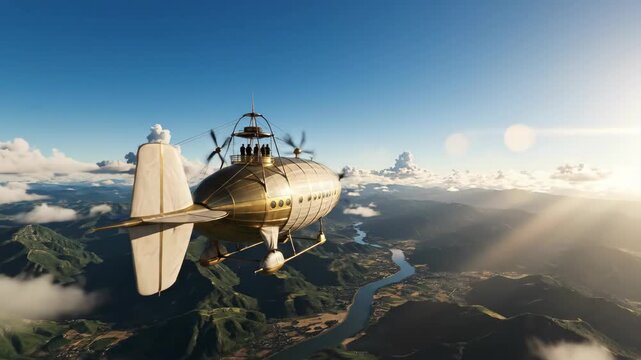 Golden airship floats over a landscape