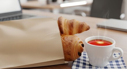 Croissants in paper bag with steaming tea cup on checkered napkin  