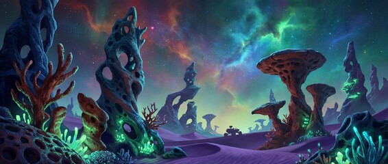 Panoramic alien landscape featuring bioluminescent rock formations, purple sand dunes, and a rover exploring beneath a vibrant, colorful nebula sky.
