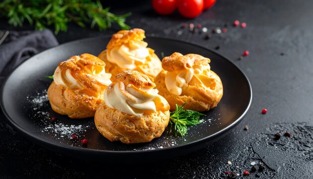 Delicious cream puffs, profiteroles, choux pastry on a black plate for dessert concept
