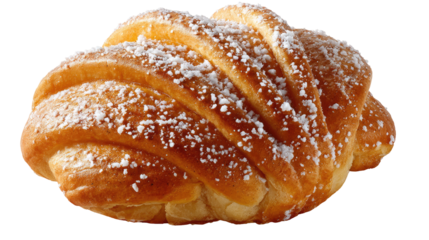 Fresh golden croissant with sugar sprinkles and baked crust isolated on transparent background

