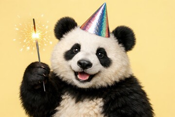 Obraz premium Joyful Panda in Party Hat with Sparkler bear animal