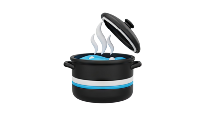 3D Cooking pot with boiling water and steam on transparent background