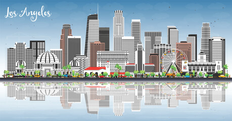 Los Angeles USA city skyline with color buildings, blue sky and reflections. Los Angeles cityscape with landmarks. Business travel and tourism concept with modern and historic architecture.