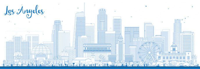 Outline Los Angeles USA city skyline with blue buildings. Illustration. Los Angeles cityscape with landmarks. Business travel and tourism concept with modern and historic architecture.