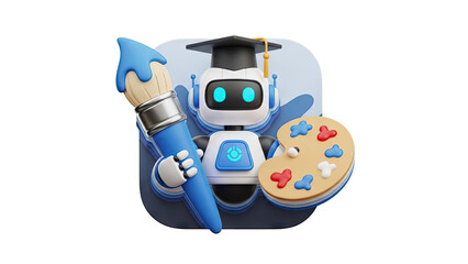 Fototapeta premium 3D Robot artist with paintbrush and palette on transparent background