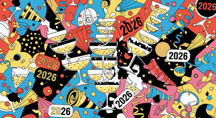 Obraz premium A vibrant, energetic collage illustration vividly captures the festive excitement of New Year's Eve 2026, showcasing champagne glasses, confetti, and party decor.