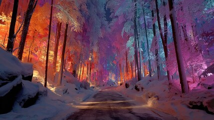 A snowy forest path glowing with vibrant, multicolored lights winding gently between frosted trees