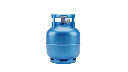3D Blue gas cylinder with metal valve on transparent background