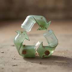 Crushed green recycling symbol on sand