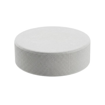 Hyper-photorealistic macro shot of a transparent vulcanized rubber hockey puck with deep knurling, displayed against a seamless high-key white background. Concept for commercial sports equipment