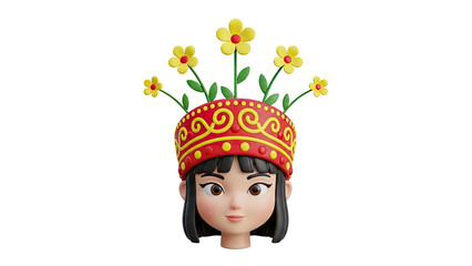 3D cartoon girl with flowers in traditional headdress on transparent background