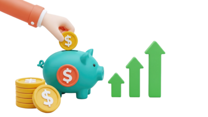 3D Piggy Bank Coin Deposit with Upward Trend Arrows on transparent background