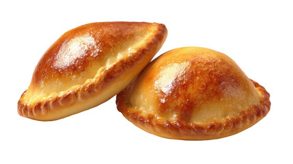 Freshly baked golden brown stuffed pastries or pirozhki with savory filling and almonds isolated on transparent background


