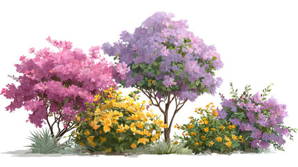 Colorful garden shrubs with pink yellow and purple flowers on transparent background

