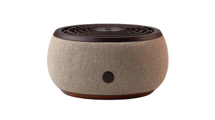 Modern round fabric bluetooth speaker with minimalist design on transparent background


