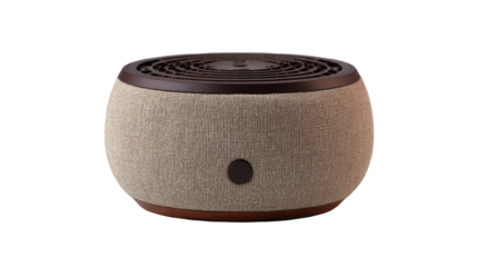 Modern round fabric bluetooth speaker with minimalist design on transparent background

