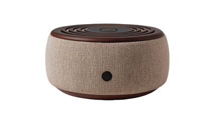Modern round fabric bluetooth speaker with minimalist design on transparent background

