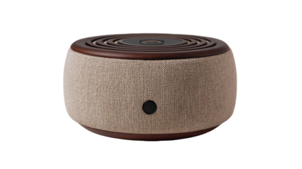Modern round fabric bluetooth speaker with minimalist design on transparent background