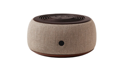 Modern round fabric bluetooth speaker with minimalist design on transparent background

