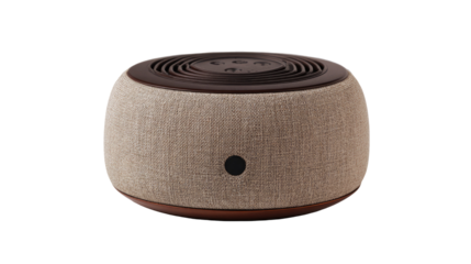 Modern round fabric bluetooth speaker with minimalist design on transparent background

