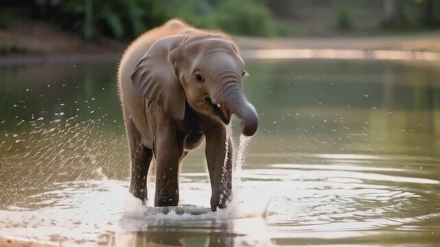 A baby elephant steps cautiously into clear water, lifts its trunk confidently, and sprays water forward only for the splash to bounce back onto its own face. video