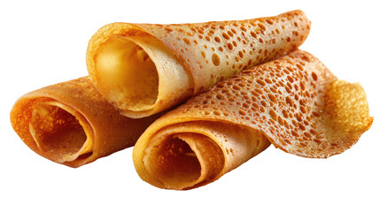 Golden rolled crepes or thin honeycomb pancakes on transparent background

