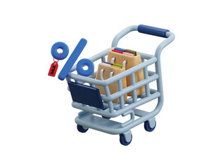 Shopping cart with paper bag icon 3d render concept of online promotion, online sell icon vector illustration