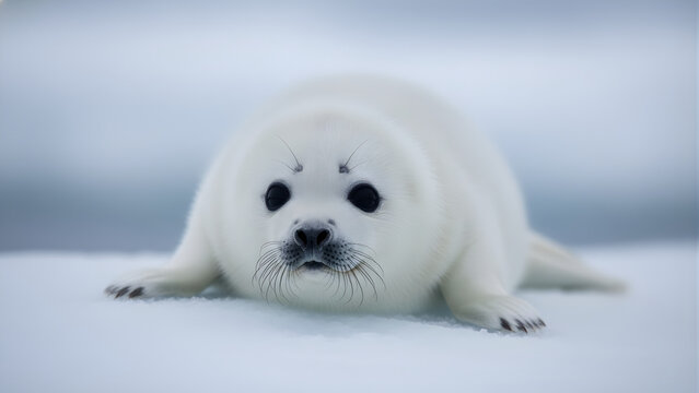  A "whitecoat" seal pup on the ice, big watery black eyes, soft bokeh.