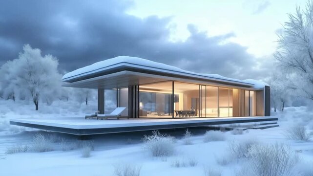 A modern house in a snowy landscape, featuring large glass windows and a flat roof, surrounded by snow-covered trees and a serene atmosphere