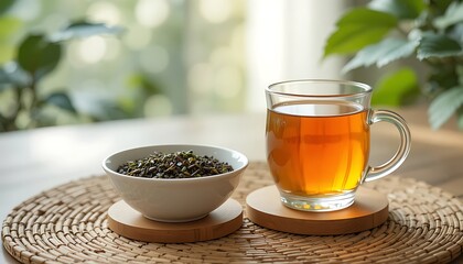 Organic Dried Green Tea Leaves for Healthy Beverage and Wellness, Loose Leaf Herbal Tea Ingredient, Natural Plant Based Nutrition, Antioxidant Rich Drink, Traditional Tea Ceremony, and Background.