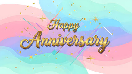 Elegant gold script anniversary lettering set on a soft pastel abstract backdrop, refined celebratory typography with gentle color harmony and modern romantic luxury