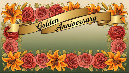 Luxurious golden anniversary floral frame adorned with elegant rose and lily blossoms, refined botanical border symbolizing love, celebration, and timeless romance