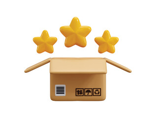 Product review icon 3d render concept of cardboard open package box with tape label and three golden stars icon vector illustration