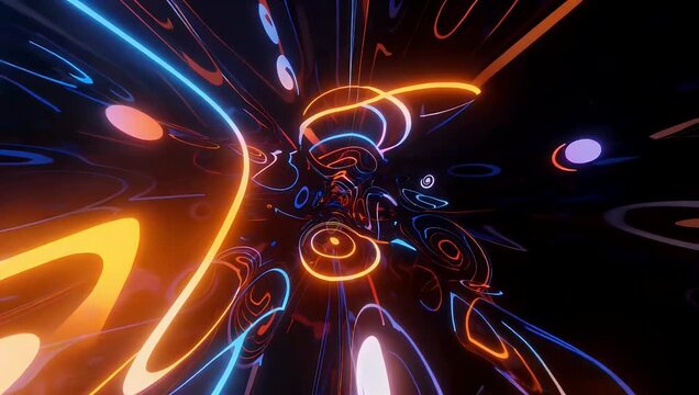 Vibrant 4K animated footage of psychedelic hallway with light blue orange neon strobe effects suitable VJ loops digital art music 