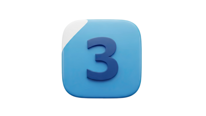 3D Number 3 on a blue rounded square with white accent on transparent background