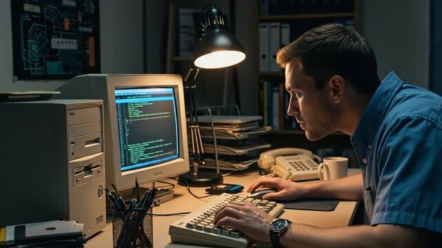 Man programming code on vintage CRT monitor, emphasizing 90s technology.