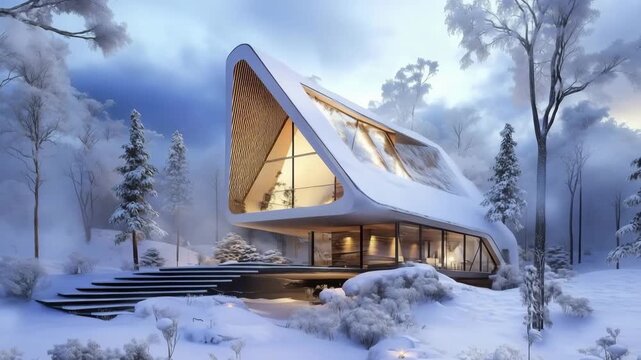 A modern architectural house in a snowy landscape, featuring large glass windows and a unique angular design, surrounded by trees and snow-covered ground
