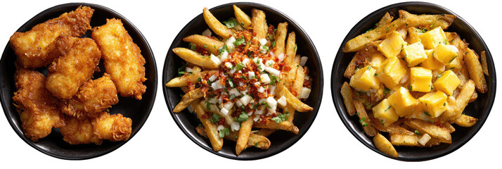 Fried chicken nuggets and french fries with cheese and gravy on transparent background


