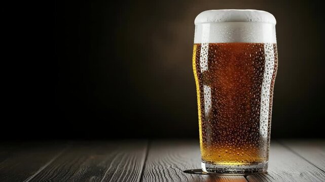 Iced pint glass of golden beer with foam and condensation on dark wooden surface. Refreshing beverage for celebration and social gathering.