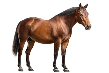 Fototapeta premium Full body brown horse standing sideways isolated on transparency background showing its shiny coat and muscular build with calm expression