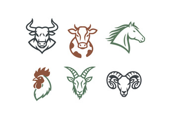 Animal silhouettes set bull cow horse rooster goat ram icons