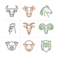 Farm animal icons set bull cow horse rooster goat ram pig sheep owl
