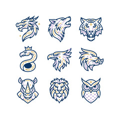 Stylized animal head icons dragon wolf tiger snake eagle wild boar rhino lion owl