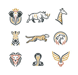 Stylized animal icons set elephant rhino giraffe cheetah lion cobra