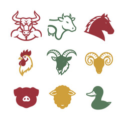 Stylized farm animal silhouettes bull cow horse rooster goat ram pig sheep duck