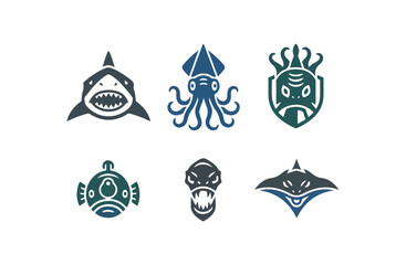 Stylized marine creature illustrations on dark background