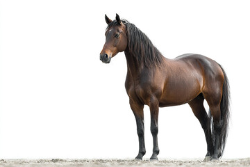 Obraz premium Brown horse with shiny coat and long black mane stands naturally on white background, showing its muscular body and calm expression in bright lighting
